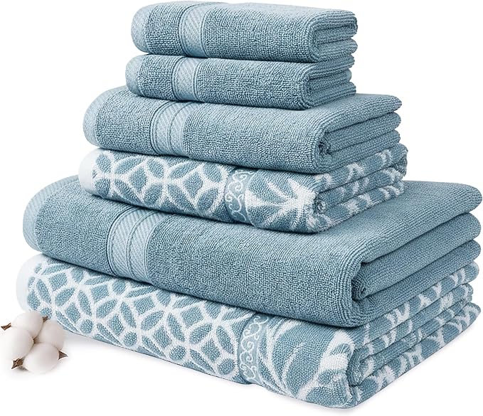 Modern Threads 6 Piece Bath Towel Set – Bathroom Set with 2 Bath Towels, 2 Hand Towels, and 2 Wash Cloths – 100% Cotton, Super Absorbent & Extra Soft – Reversible Botanical Vine (Blue)