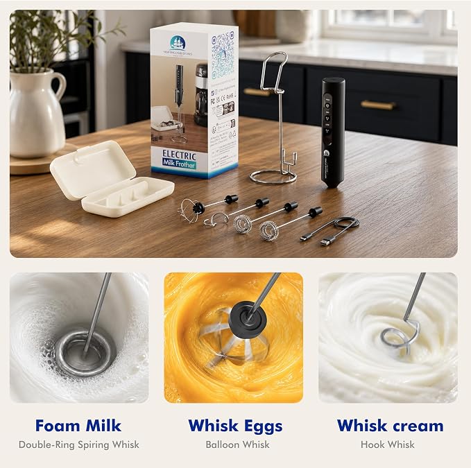 Rechargeable Milk Frother with Stand, 4 Interchangeable Whisks & Travel Case – Handheld Mixer for Lattes, Matcha, Hot Chocolate, Eggs & Protein Shakes