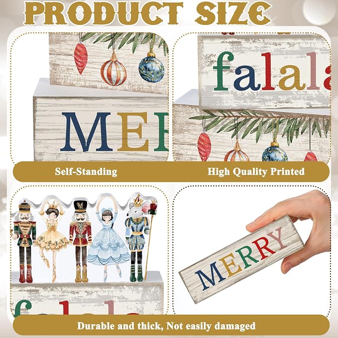 Lineshading 4 Pcs Wooden Nutcracker Block Signs Christmas Farmhouse Decor | Nutcracker Ballet Theme, 3-tiered Stackable Blocks, Rustic Wood Finish for Mantel Shelf Tabletop, Vintage Home Accents