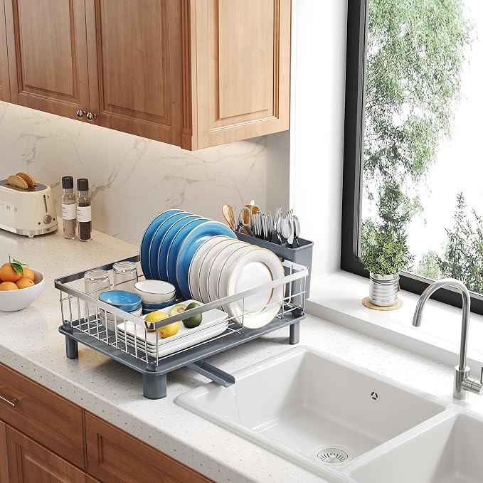 SNTD Dish Drying Rack for Small Kitchen Counter, 11" W x 15" L, Silver | Space Saving, Rotating Spout & Angled Drainboard for Quick Drainage, Stainless Steel, Removable Utensil Holder