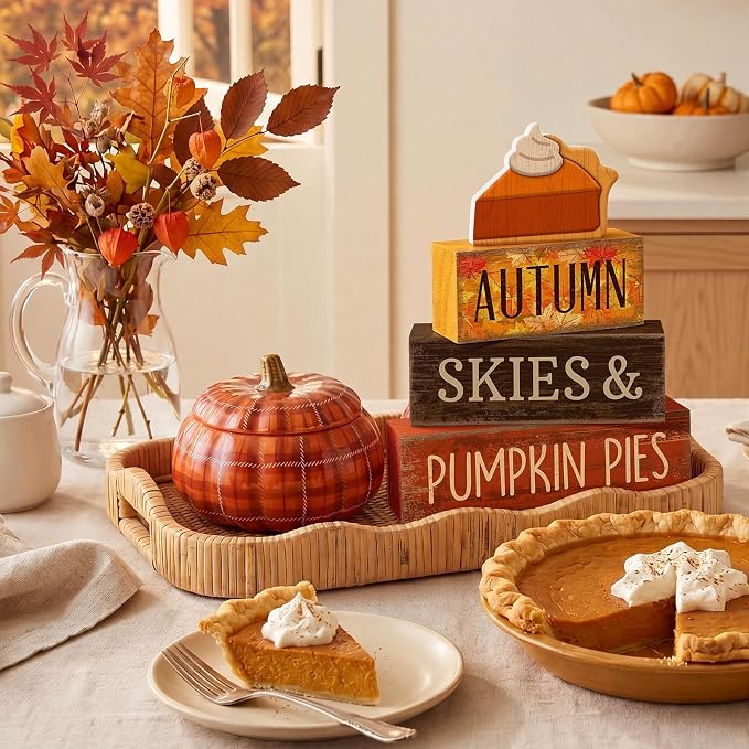 Lineshading 3 Pcs Fall Table Decor, Pumpkin Pie Wood Block Sign Home Tray | Pumpkin Pie Slice Wood Block Sign, Fall Harvest Tiered Tray Centerpiece, Rustic Autumn Home Decor, Kitchen Shelf Display