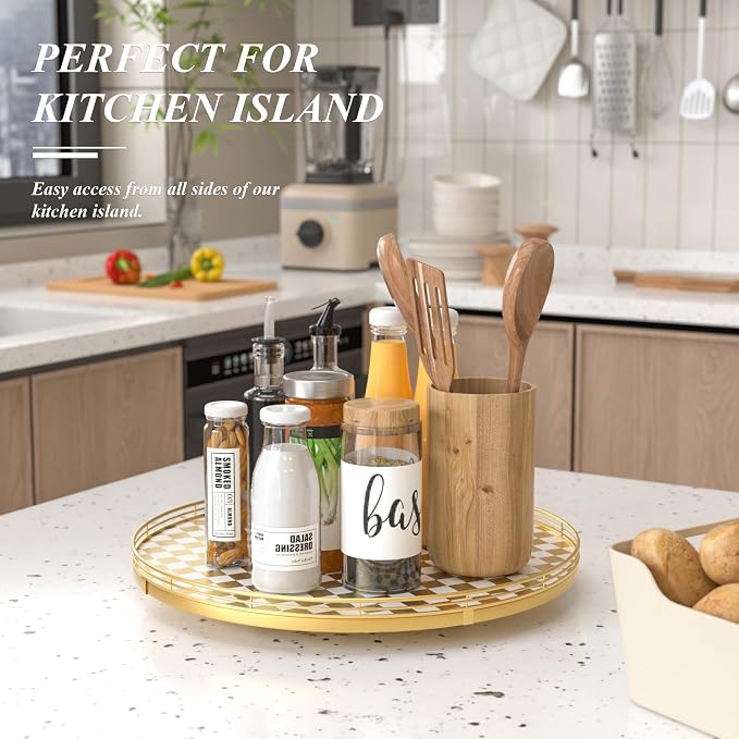 Gold and White Checkerboard Lazy Susan with Rubberwood Base and Metal Rail | Smooth rotating oak tray with walnut finish for dining tables, kitchen counters, pantries and cabinet storage.