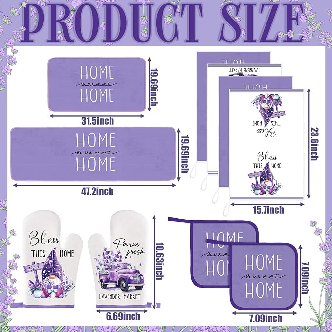 Fourluoo 10 Pcs Lavender Kitchen Decor Set Lavender Kitchen Towels Rugs Oven Mitts and Pot Holders for Cooking Baking Grilling Women Mom Gift