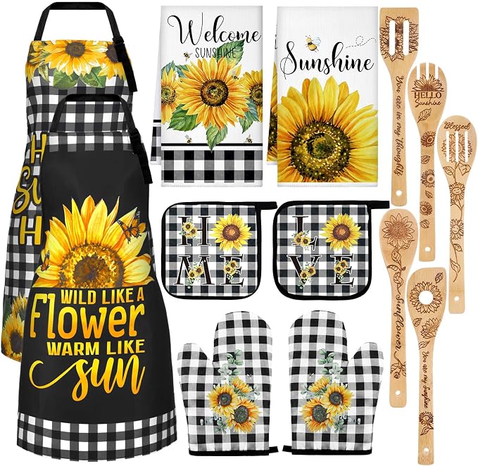13 Pcs Sunflower Kitchen Set Sunshine Farmhouse Kitchen Decor Rustic Sunflower Dish Towels Retro Yellow Apron Oven Mitts and Pot Holders with Cute Wooden Tableware Set for Home