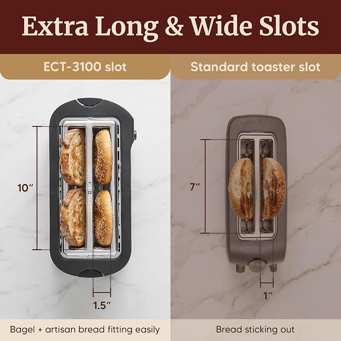 Elite Gourmet ECT-3100 4-Slice Long Slot Toaster, Stainless Steel | Extra-Wide Slots Fit Bagels, Sourdough & Texas Toast, 6 Browning Settings, Reheat, Defrost & Cancel, Built-In Warming Rack