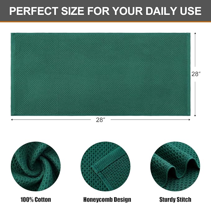 Kitinjoy 100% Cotton Waffle 8-Pack Kitchen Towels, 13" x 28", Dark Green | Super Soft, Ultra-Absorbent, Fast Drying, lightweight, Quick Drying Kitchen Hand Towels