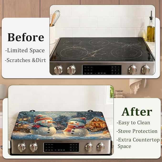 Cute Snowman Stove Top Cover Glass Cooktop Heat Resistant Cover,Christmas Ceramic Stove Top Covers Mat Prevents Scratching Stoves/Counter/Washer Protector,28.5x20.5 in