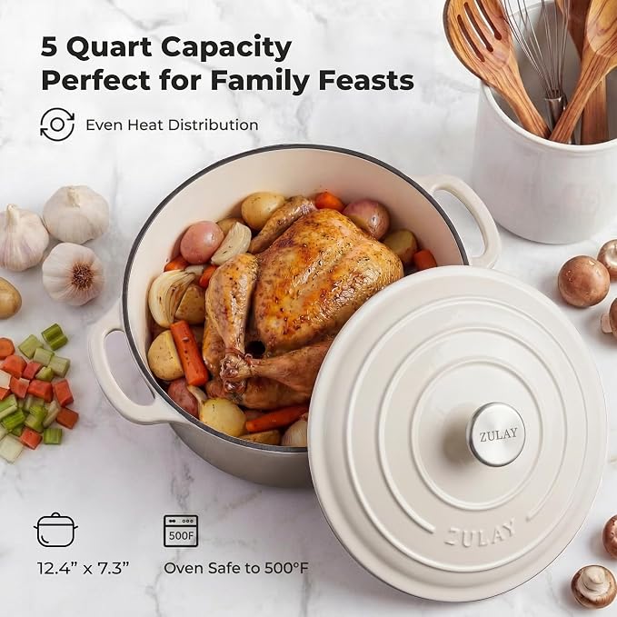 Zulay Kitchen 5 Quart Enameled Cast Iron Dutch Oven Pot with Lid – Premium Durability & Oven Safe up to 500°F – Heavy Duty Cookware Perfect for Bread Baking, Stews, Braising & Roasting – White