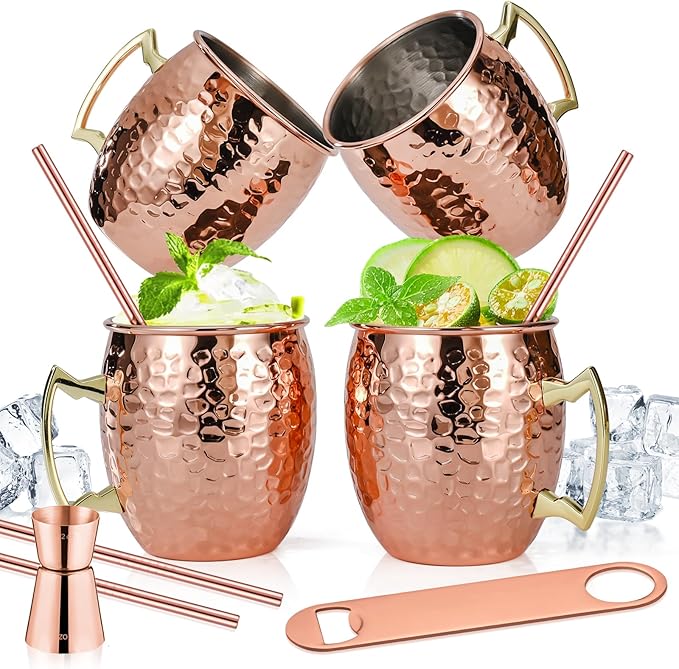 Amrules 4 Pcs 16oz Moscow Mule Mugs Hammered with Bar Accessories | 304 Stainless Steel Lining, Hammered Finish, Firm Handle, Include Straws, Opener & Jigger, for Cocktails, Wine, Beer & Party