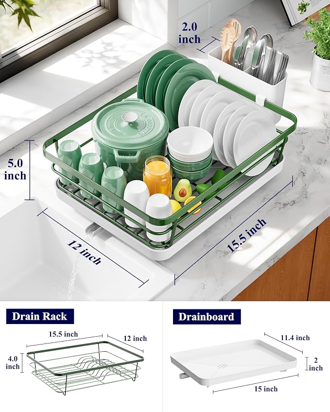Kitsure Dish Drying Rack for Kitchen Counter, 12''W x 15.5''L, Green | Stainless Steel Sink Organization, Cutlery Holder, Home and Appartment Decor