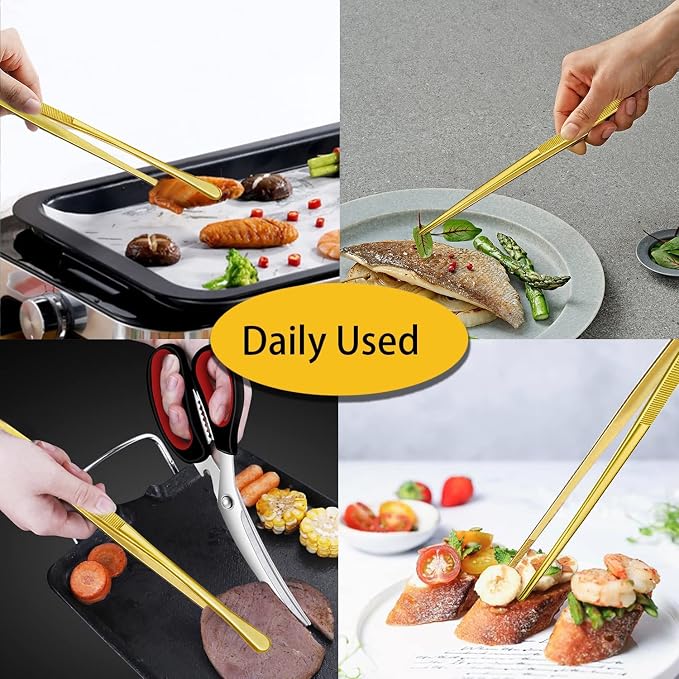 JETKONG 2 Pcs 12-Inch Cooking Tweezers Stainless Steel Food Tweezers Kitchen Tweezer Tongs (Gold)