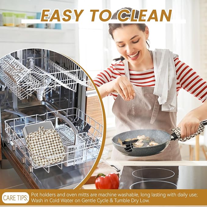 4pcs Pot Holders for Kitchen, Cotton Kitchen Hot Pads, Heat Resistant Oven Mitts and Pot Holders Sets (Khaki Plaid,6)