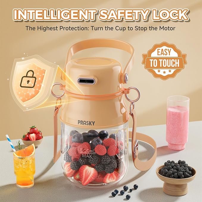 Portable Blender, Personal Blender for Shakes and Smoothies with 27oz Cup, Lid and Shoulder Strap, Type-C USB Rechargeable, BPA-Free for Travel/Kitchen (Light Orange)