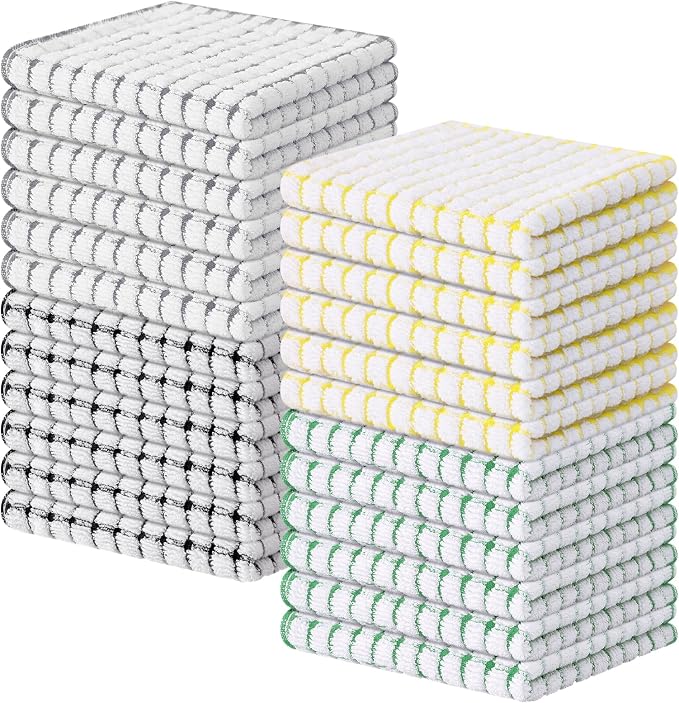 Kitinjoy Cotton 24 Pack Terry Kitchen Dish Cloths, Multi-Colored | 12 x 12 Inches Super Soft and Absorbent Dish Rags, Quick Drying Dish towels for Washing Dishes
