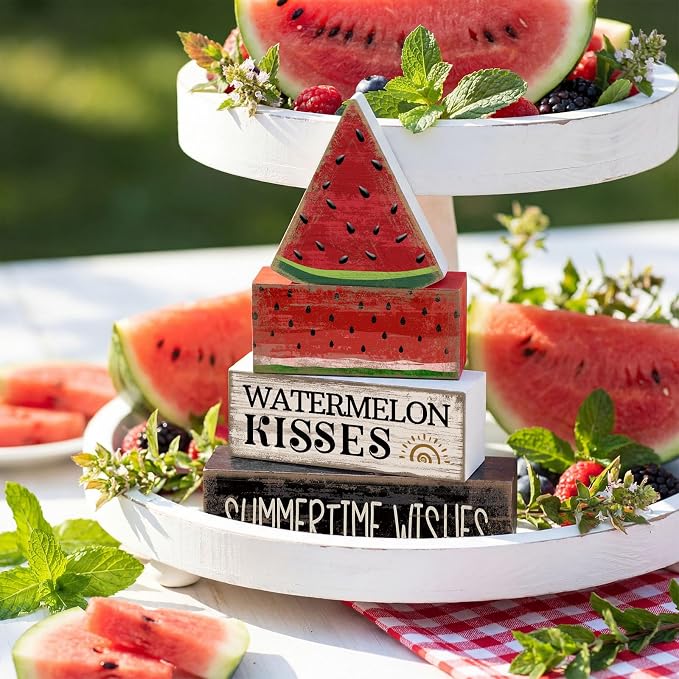 Lineshading 4 Pcs Summer Table Decor Wooden Watermelon Tiered Tray Decor | Stackable Summer Home Decoration, Rustic Tabletop Piece for Birthday Party, Watermelon Kisses Summertime Wishes Signs