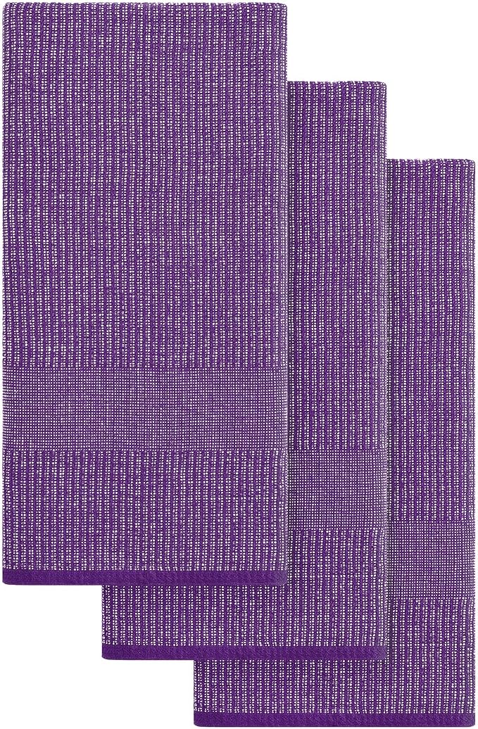 Mordimy Premium Large Cotton Kitchen Towels (18"x 28", 3 Pack), Purple | 100% Ring Spun Cotton, Super Absorbent, 380 GSM, Flat & Terry, Soft, Hanging Loop Dish Towels
