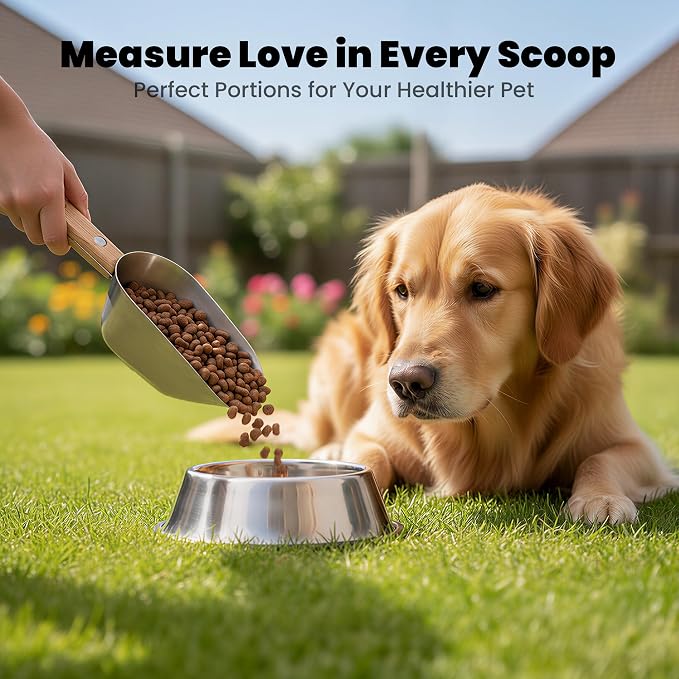 Dog Food Scoop 1 Cup with Clear Measurement Line, 304 Stainless Steel | Dog Food Measuring Cup with Long Wooden Handle, Pet Food Scoop for Dog Cat Food, Coffee, Flour