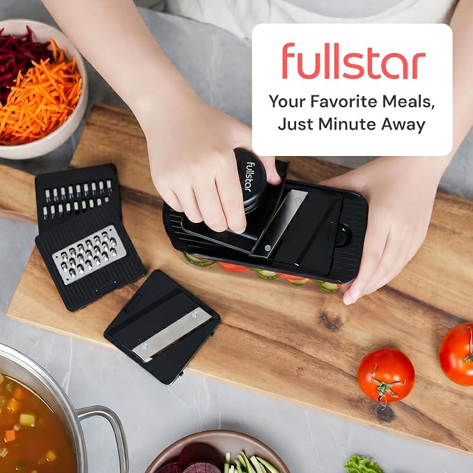 Fullstar Essential Mandoline Vegetable Slicer & Julienne Cutter | 4 in 1 Compact Fruit Cutter, Cucumber Slicer & Cheese Grater, with Stainless Steel Blades, Guard & 3-Cup Container (Black)