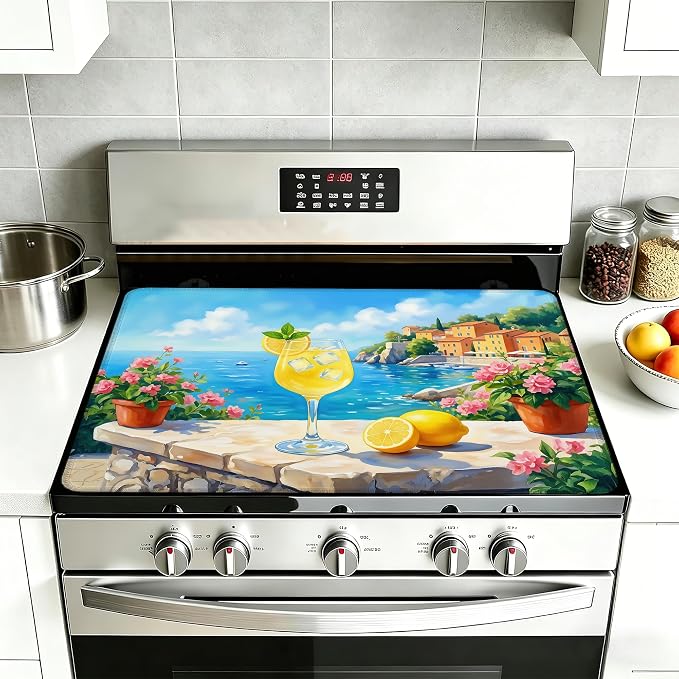 Stove Top Covers for Electric Stove,Summer Lemon Juice Flat Top Stove Cover,Potted Flowers Heat Resistant Glass Top Stove Cover Protector Anti-Slip Range Covers, 28 x 20 Inch