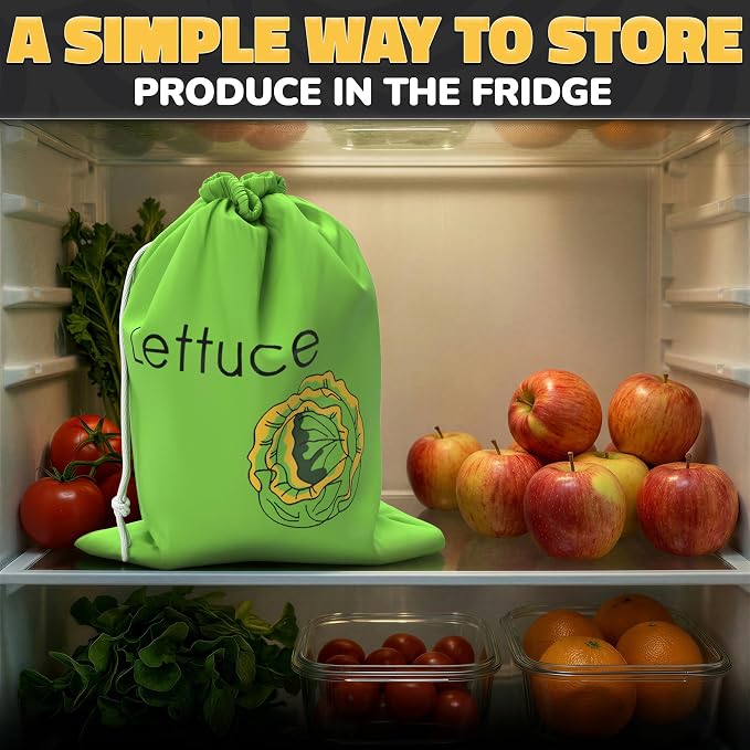 Lettuce Keeper Bag for Refrigerator, Reusable 3-Layer Foil Lining | Breathable Produce Storage Bags with Drawstring - Keeps Salad Greens Fresh | Sturdy, Washable, for Lettuce, Fruits, Veggies