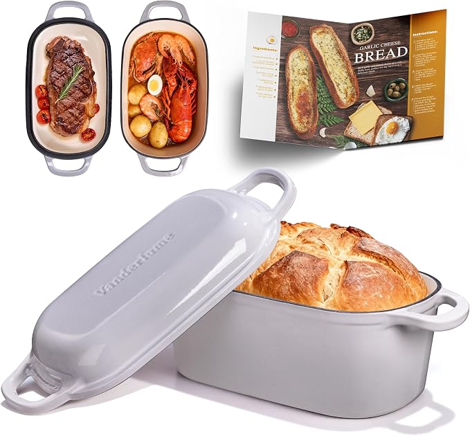 4.6-Quart Oval Dutch Oven for Bread Baking | 2 in 1 Cast Iron Bread Pan with Lid, Sourdough Baking Pan for a Crispy Crust, Oyster Grey