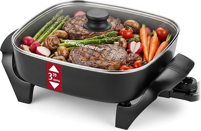 Elite Gourmet EG2313 PFAS-Free Ceramic Electric Skillet, 1200W, Black | Extra-Deep 12"x12"x3" Surface, Less-Splatter Design, Dishwasher Safe, Rapid Heat-Up, Non-Stick