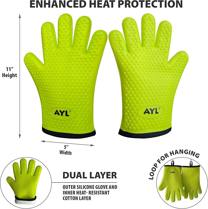 AYL Silicone Smoker Oven Gloves - Extreme Heat Resistant BBQ Gloves - Handle Hot Food on Your Grill, Pit & Turkey Fryer | Waterproof Meat Handling Mitts with Cotton Layer | Ultimate Set + Bonuses