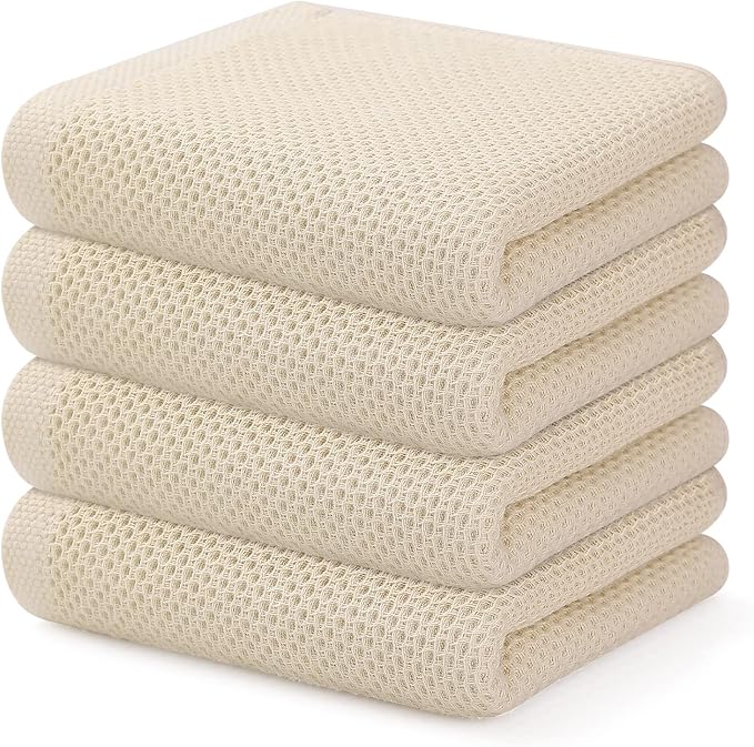 Kitinjoy 100% Cotton Waffle 4-Pack Kitchen Towels, 13" x 28", Beige | Super Soft, Ultra-Absorbent, Fast Drying, lightweight, Quick Drying Kitchen Hand Towels
