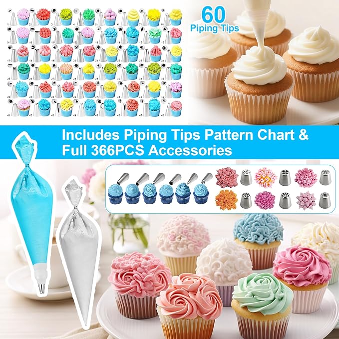 366-Piece Cake Decorating Kit, 60 Piping Tips with Storage Box | Complete set with 60 stainless steel piping tips, 100 piping bags, spatulas, scrapers, molds and a 3-tier storage box.