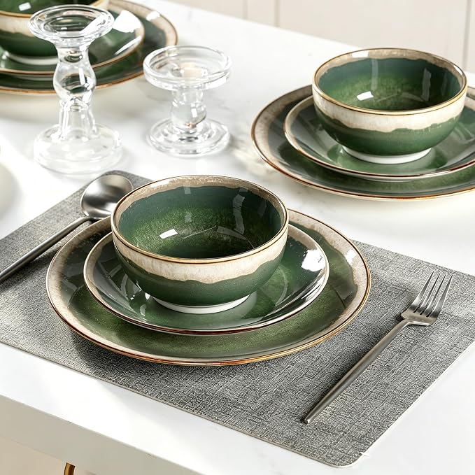 Sweejar 12 Pieces Ceramic Dinnerware Sets for 4, Moss Green | Gradient Glaze Plates and Bowls Set, Microwave & Dishwasher Safe, Stackable Dish Set, Scratch Resistant Dishware Sets
