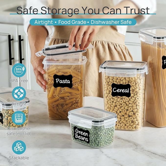 Airtight Food Storage Containers with Lids, Vtopmart 24 pcs Plastic Kitchen and Pantry Organization Canisters for Cereal, Dry Food, Flour and Sugar, BPA Free, Includes 24 Labels，Black | For Cereal Pasta Snack Flour Sugar, BPA Free, Airtight Seal, Multi...