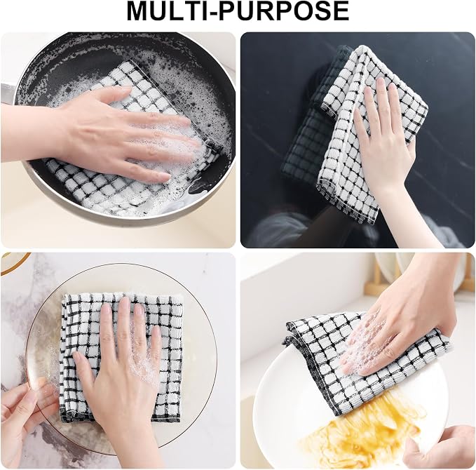 Kitinjoy Cotton 12 Pack Kitchen Towels and Dishcloths Sets, Black | 16 x 25 Inch & 12 X 12 Inch Dish Towels Bulk, Super Soft and Absorbent hand towels for kitchen Drying
