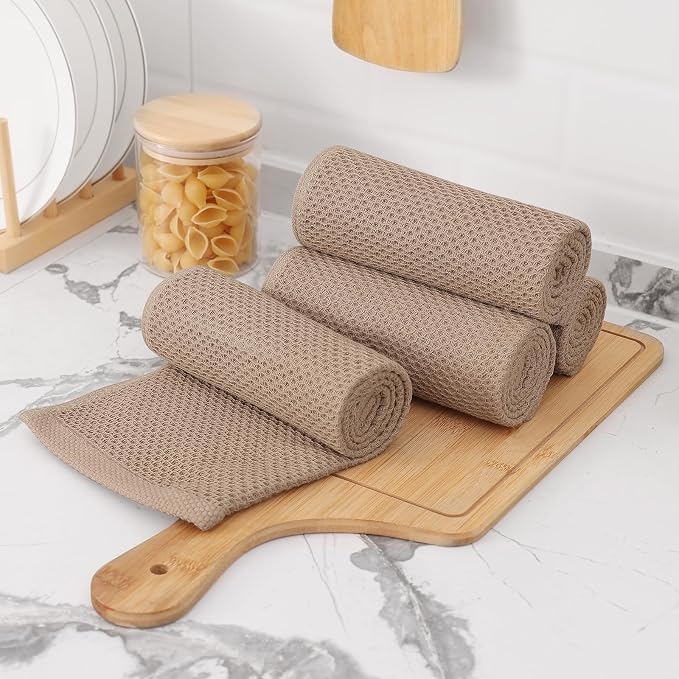 Kitinjoy 100% Cotton Waffle 8-Pack Kitchen Towels, 13" x 28", Tan | Super Soft, Ultra-Absorbent, Fast Drying, lightweight, Quick Drying Kitchen Hand Towels