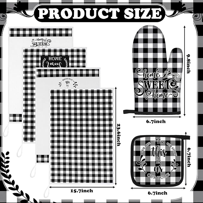 Leinuosen 8 Pcs Black White Plaid Kitchen Towels and Dishcloths Sets Pot Holders and Oven Mitts Sets Absorbent Kitchen Gloves Potholders Heat Resistant for Chef Baking Cooking