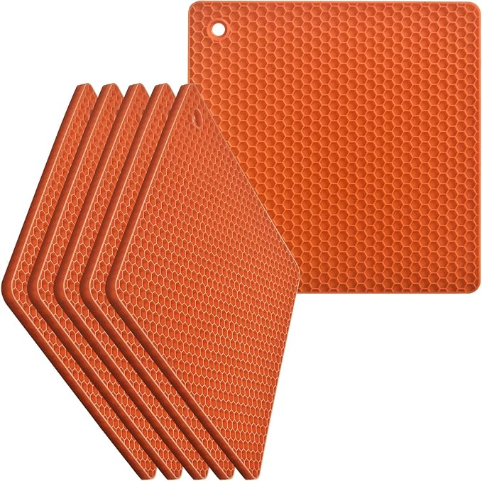 homEdge Silicone Square Trivets Mat, 6 Packs Multipurpose Non Slip Heat Resistant Pot Holder-Orange