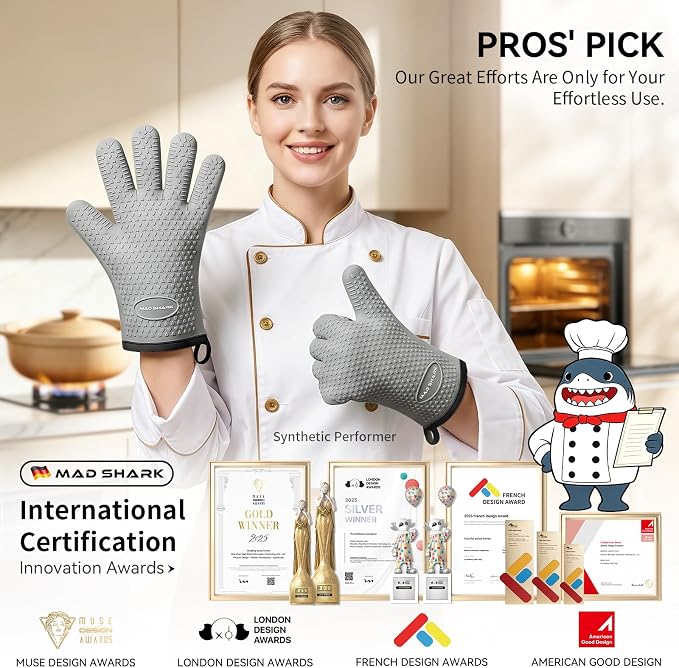 MAD SHARK Silicone Oven Mitts with Fingers Heat Resistant 450°F in Kitchen | Waterproof & Non-Slip Oven Gloves,Cotton Lined Silicone Kitchen Mitts for Baking Cooking Barbecue,Women (Grey)