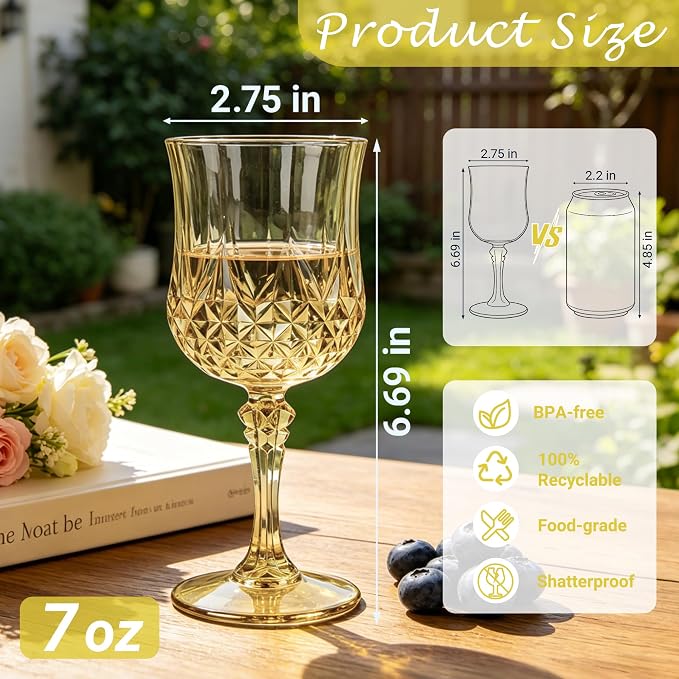24Pack Plastic Wine Glasses, 7oz Vintage Goblets for Wedding | Unbreakable Crystal Style Reusable Stemware, Elegant Gold Drinking Glass for Party Anniversary & Holiday Celebration