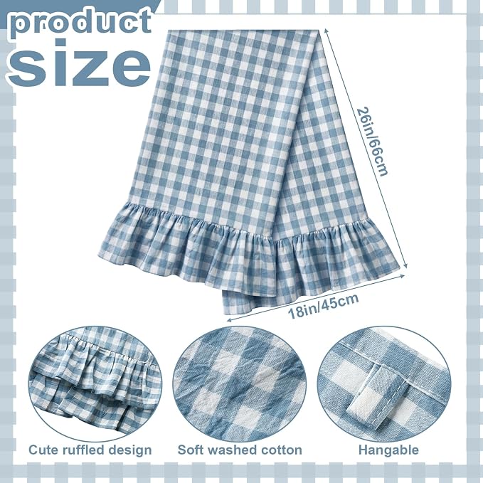 HunnmingRe 2 Pcs Dusty Blue Gingham Kitchen Towels Cotton Ruffle Dish Towel | 100% Cotton Dish Cloths, 18x28 Inch Tea Towels For Farmhouse Gifts, Soft Absorbent, Drying Dishes, Classic Plaid Pattern
