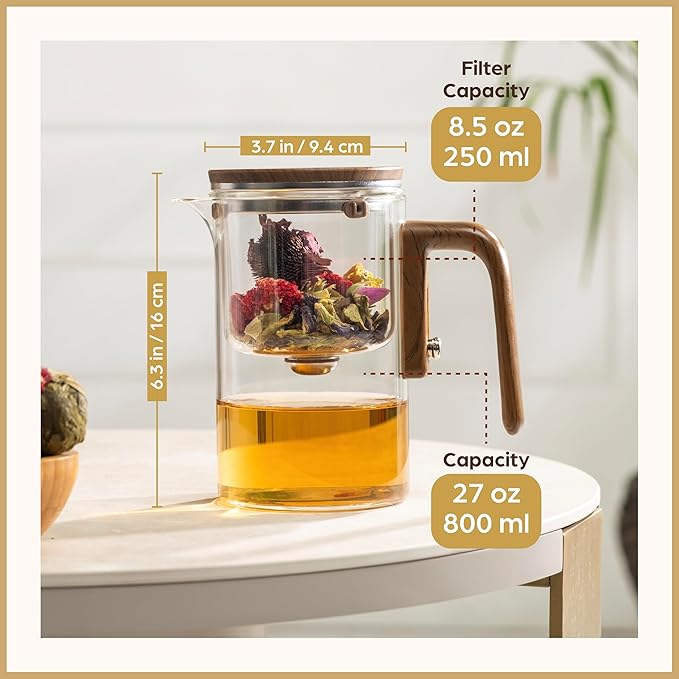 Enchanti Glass Teapot with Infuser - Magic Tea Pot for Loose Leaf Tea - Borosilicate Glass Tea Maker with Heat-Resistant Handle - Gift Box & Writable Card - 800ML (27oz)