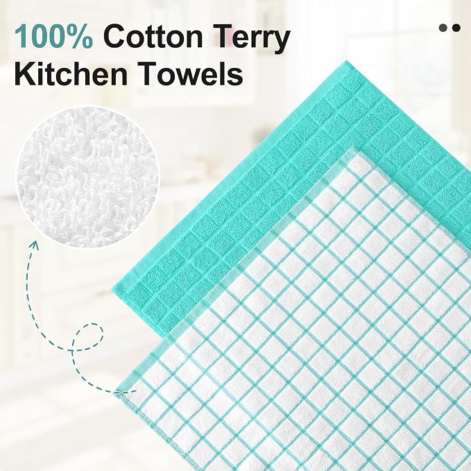 Homaxy Large Premium Cotton Kitchen Towels 16"x 28", 12 Pack, Aqua | Natural Ring Spun 390 GSM Dish Towels, Super Absorbent Terry Kitchen Hand Towels, Soft Tea Towels with Hanging Loop