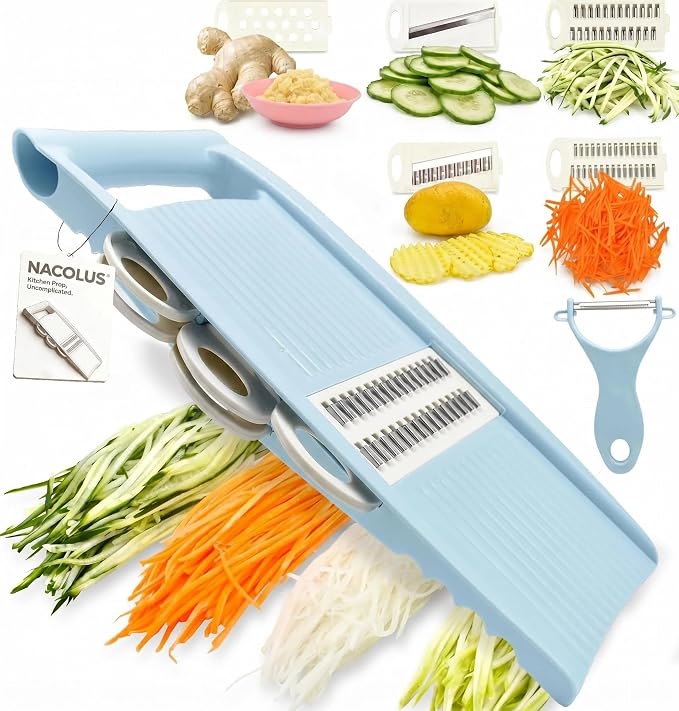 NACOLUS Handheld Mandoline Slicer for Kitchen, Vegetable Slicer Multi Blade Potato Chip, Veggie shredder, Vegetable Cutter, Julienne Shredder and peeler For Small Job In Kitchen Blue