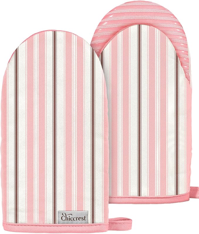 100% Thick Cotton Mini Oven Mitts Silicone Grip Pink Stripe | Elegant Classic Oven Mitts for Women, Machine Washable, Non-Slip, Reversible Design Fits Both Hands, Stylish Kitchen Decor