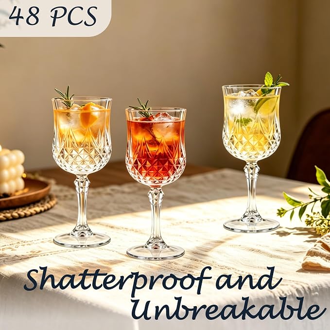 48Pack Plastic Wine Glasses, 7oz Vintage Goblets for Wedding | Unbreakable Crystal Style Reusable Stemware, Elegant Clear Drinking Glass for Party Anniversary & Holiday Celebration