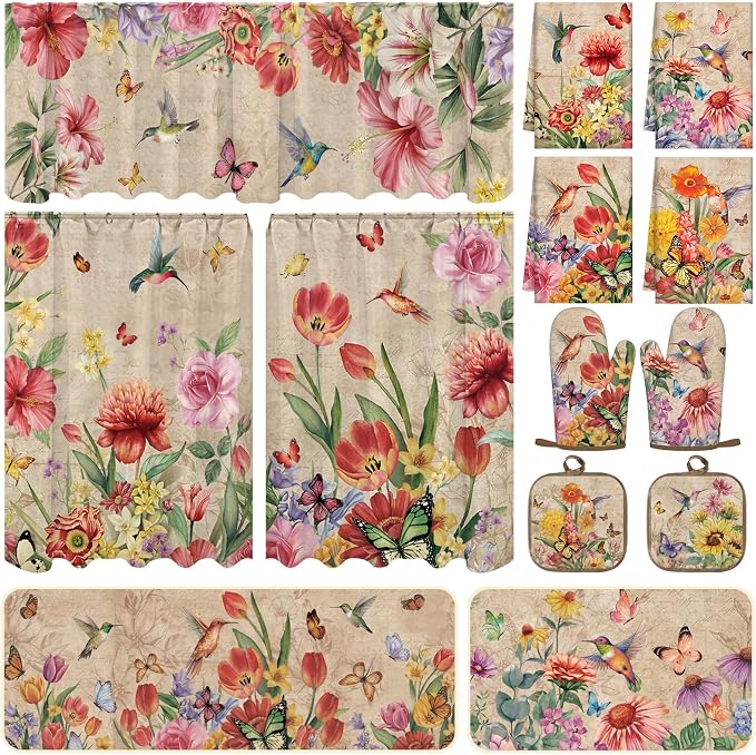 13 Pcs Wildflowers Grass Kitchen Decor Set 3 Hummingbird Kitchen Curtains Valance 2 Spring Rugs and Mats 4 Towels 2 Pot Holders 2 Oven Mitts for Home Cooking Grilling Housewarming Gift