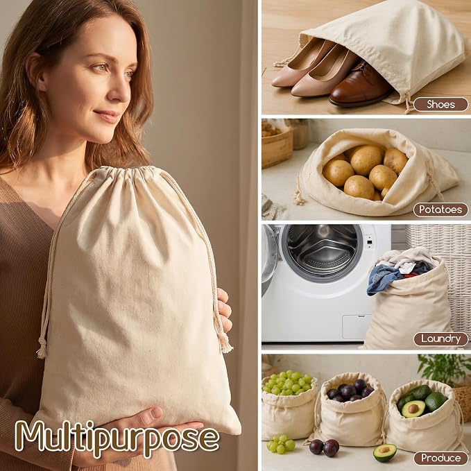 10PCS Pure Cotton Storage Bags with Drawstring, X-Large 14x17'', Natural Vegetable Storage Bag, Reusable Muslin Bulk Flour Sack Bag, Washable Food Safe, for Bread Grocery Produce Shopping DIY Tie Dye