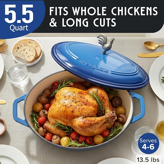 MUELLER HOME 5.5 Quart Enameled Cast Iron Oval Dutch Oven w Rooster Knob & Cotton Potholders, Heavy-Duty Cookware, Oven-Safe up to 500° F & Across All Cooktops, Gifts for Grandma & Women, Aqua Blue | w Rooster Knob & Cotton Potholders, Heavy-Duty Cookw...