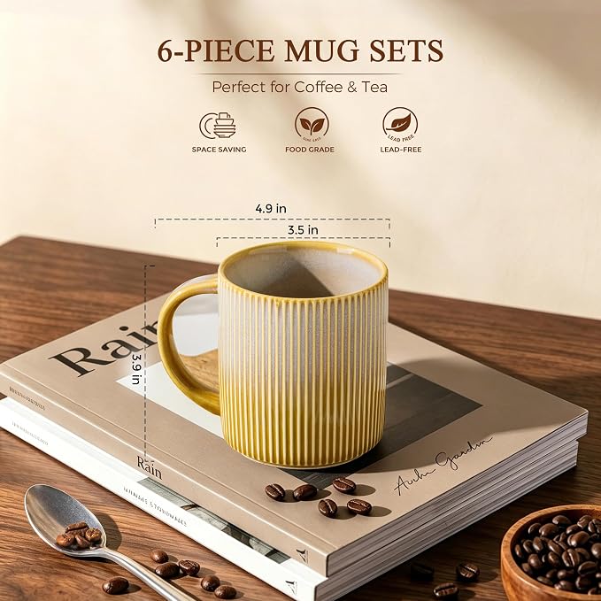 theterra Ceramic Coffee Mugs Set of 6, 14.2 oz Coffee Cups with Handle | Handmade, Suitable for Latte, Tea, Milk, Beer & Hot Cocoa, Autumn Haze