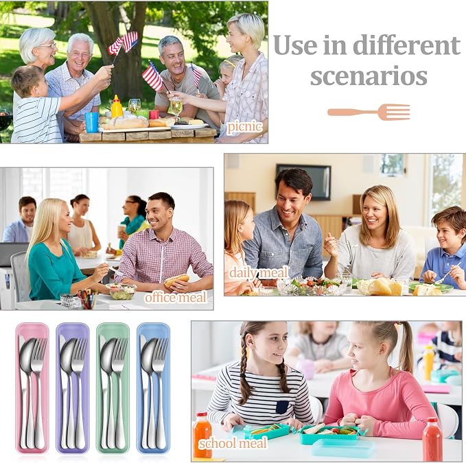 4 Pack Travel Silverware Set with Case for Lunch,Pastel | Reusable Utensils with Case, Portable Flatware, Camping Cutlery, Fork Spoon Knife, for Work School, Dishwasher Safe