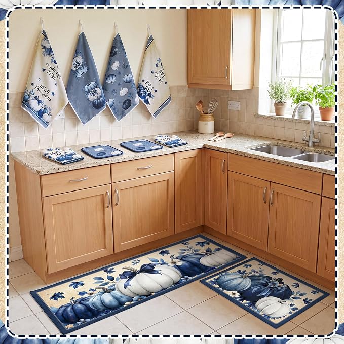 Fourluoo 10 Pcs Kitchen Dish Towels Rugs Oven Mitts and Pot Holders Set Farmhouse Kitchen Decor Set for Women Mom Daughter Gift Cooking Baking Grilling(Blue,Pumpkin)