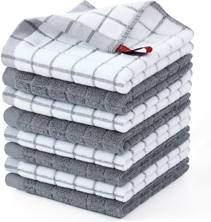 Homaxy Premium Cotton Kitchen Dish Cloths 12"x 12", 8 Pack, Grey | Natural Ring Spun 390 GSM Dish Rags, Super Absorbent Terry Dish Towels, Soft Dishcloths with Hanging Loop